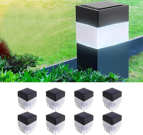 Solar LED 2In x 2In(5cm x 5cm) Fence Post Cap for Wrought Iron and Aluminum or Garden, Solar Fence Lights - 8 Pack (White Light)
