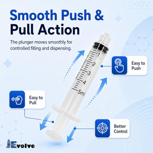 100 PCs Dental Grade 5ml Syringe Without Needle by JEVOLVE | Clear Rubber Head Non Sterile Syringes Perfect for Scientific Labs, Industrial Art & Crafts