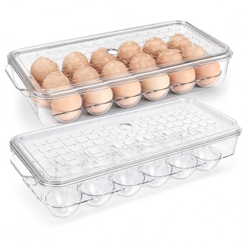 2 Pack 18 Egg Holder for Fridge - Plastic Stackable Egg Tray Holder With Lid - Egg Storage Container Organizer Bins with Air Hole and Handles for Refrigerator, Freezer, Pantry Organization - Clear