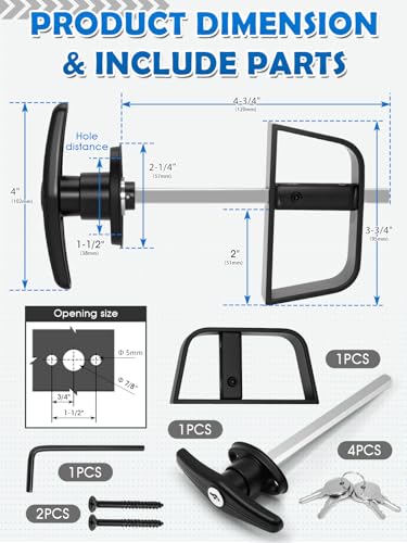 Shed Door T-Handle Lock Latch Kit with 4 Keys, Shed Barn Coop Storage Door T-Lock Set, Adjustable 4-3/4" Stem, with Spring Loaded Gate Pin Bolt Latch - 1 Lock+2 Latch - style: Lock 4-3/4" + Latch 6in