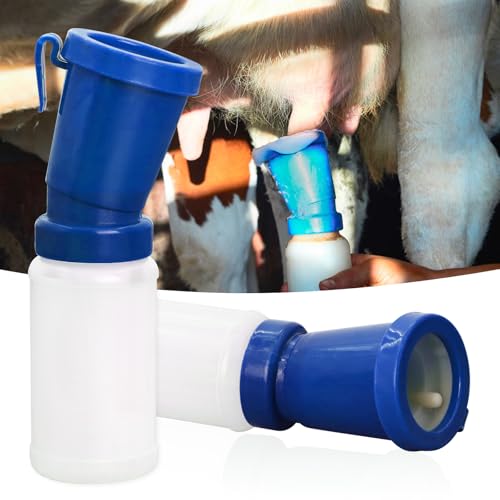 2 Pack Teat Dip Cup Non-Return Teat Dipper Nipple Cleaning Disinfection Cup | Non Reflow Dip Cup Reusable Squeeze Bottle Design Leak-Proof Pre Milking Teat Dipper for Cow Sheep Goat Cattle (Blue) - color: blue