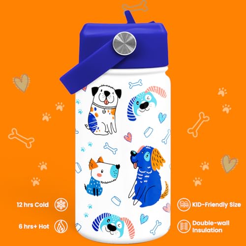 SANDJEST Dog Water Bottle - Kids Water Bottle with Straw Lid - 12 Oz Insulated Stainless Steel Water Bottles for Kid Boys - Travel Cup for School Sports - color: Dog