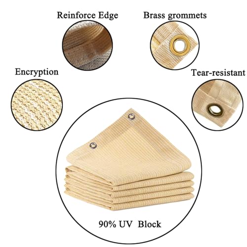 8x8 FT Shade Cloth, 90% UV Block, 200GSM HDPE Fabric | Breathable Beige Sun Shade Screen with Grommets for Patio, Pergola, Garden, Outdoor, Deck, Backyard & Carport - size: 8x8 FT