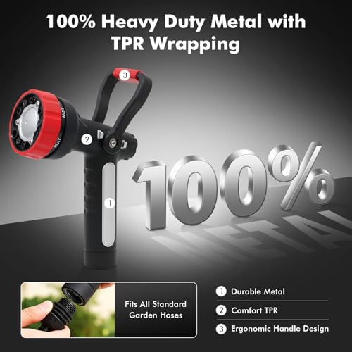 RESTMO Fireman Hose Nozzle Heavy Duty, Garden Hose Spray Nozzle for Outdoor | Lever Handle & Ergonomic Grip, 6 Classic Spray Patterns with Adjustable Flow Control for Watering, Cleaning - color: Red