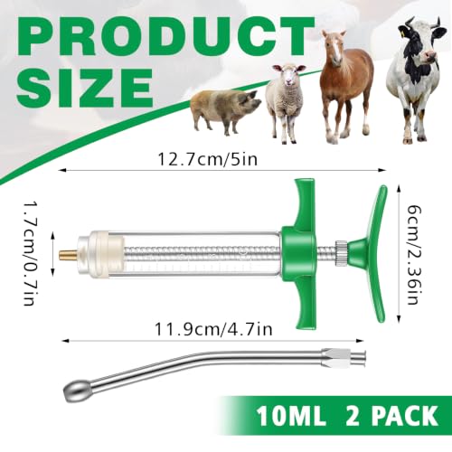 Threlaco 10ml 2 Pcs Drench Gun for Goats, Sheep & Cattle, Green | Reusable Small Goat Drench Syringe, Adjustable Veterinary Medicine Feeding Syringe, Continuous Dosing for Livestock, Horse - color: Green, size: 10ml