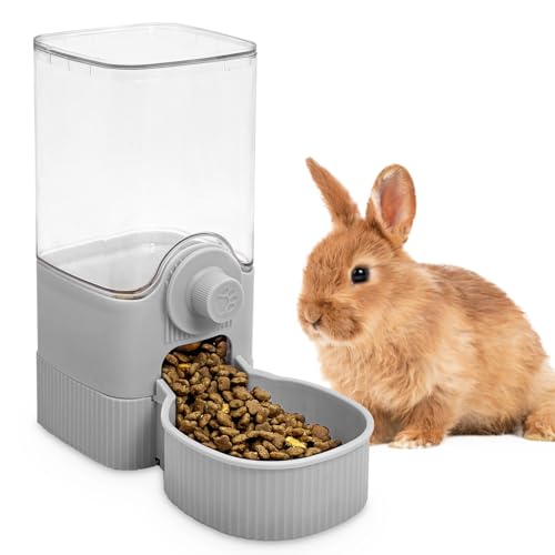 Fhiny Rabbit Food Dispenser, 40oz Large Capacity Hanging Gravity Bunny Feeder for Cage Automatic Guinea Pig Feeding Bowls Pet Food Storage for Bunny Guinea Pig Chinchilla Ferret Cat Puppy - color: Grey
