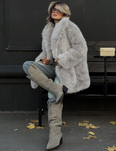 COZYPOIN Womens Faux Fur Coats Mid Long Warm Winter Fluffy Jackets | Shawl Collar, Long Sleeve, Pockets, Snap Button, Smooth Lining, Loose Fit, Fuzzy Shaggy Coat, for Daily Party Holiday Wear - color: Taupe, size: Medium