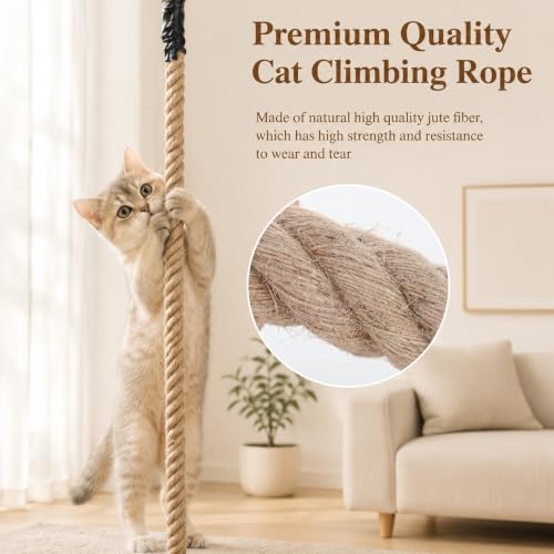 Cat Climbing Rope,9.84 Ft x 1.97 Inch Thick Natural Jute Cat Scratching Rope with Square Ring,Wall Mounted Cat Rope for Indoor Cats,Space-Saving Cat Wall Furniture & Cat Tree Alternative - size: 1.97-9.84 FT