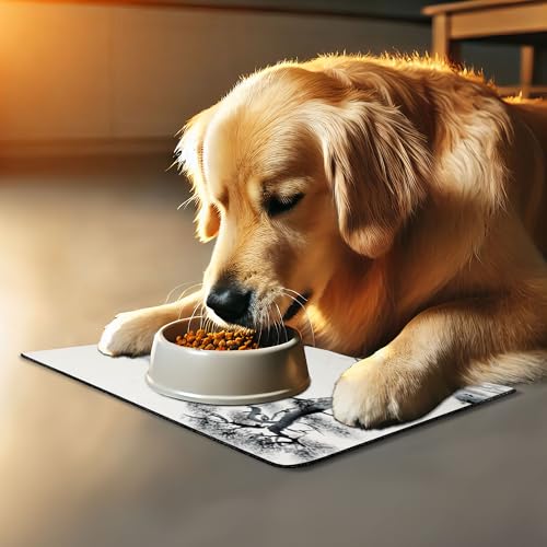 Lunarable Asian Pet Mat for Food and Water, Lone Pine on Mountain Slope Art Traditional Chinese Painting Style Oriental Culture, Rectangle Non-Slip Rubber Mat for Dogs and Cats, Grey White - color: Grey White