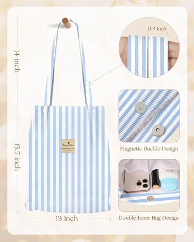 Miss Adola Corduroy Tote Bag for Women with Aesthetic Design | Magnetic Buckle & Pocket, Reusable, Soft, Roomy, Long Shoulder Handles, Double-sided Print, Casual Daily Work, Grocery Bags - color: Blue Stripe, size: Large