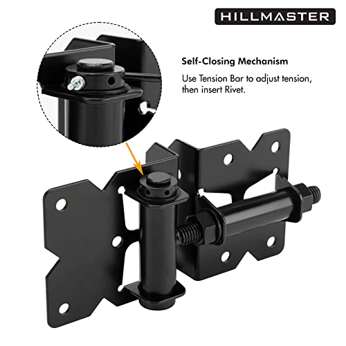 2 Pack Self Closing Gate Hinges for Wooden Fences Heavy Duty Solid Vinyl Fence Gate Closer Hinges with 22 Screws Swing Adjuster Tool 90 Degree Tension Gate Hardware Kit Black Finish - size: Self Closing