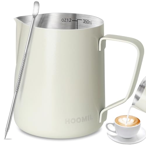 HOOMIL Milk Frothing Pitcher, 12oz/20oz/32oz 304 Stainless Steel | Steaming Pitcher with Clear Scale, Barista Milk Frother Cup Jug for Espresso Machine Coffee Cappuccino Latte Art - 12oz - color: Matte White, size: 12 Ounces