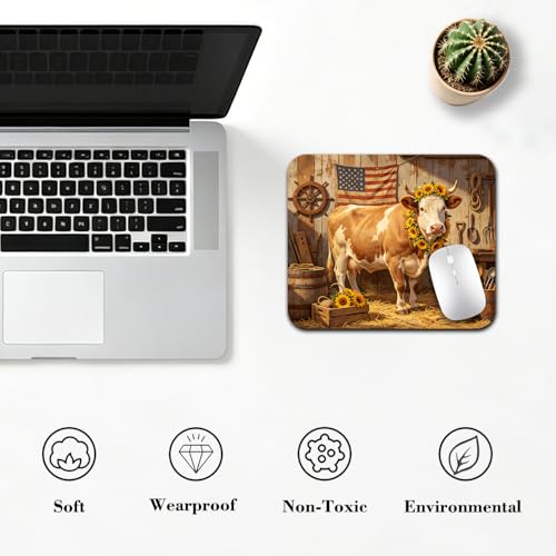 Farm Cow with Sunflower Wreath Mouse Pad 9.5" x 7.9", American Flag Rustic Barn Cute Desk Mat, Country Aesthetic - color: Cow with Sunflower