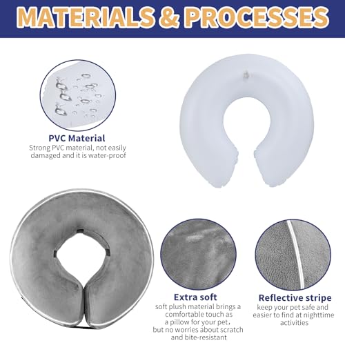 Inflatable Reflective Dog Cone Collar Alternative After Surgery,Doggie Recovery Dount Neck Ecollar,Adjustable Soft Dog Cone Collar for Small Medium Large Dogs (Grey, S) - color: Grey, size: Small（8.5"-10.5"）
