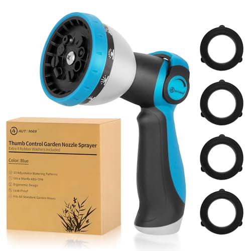 AUTOMAN Garden Hose Nozzle - 10 Adjustable Spray Patterns, Thumb Flow Control Hose Sprayer, Water Hose Spray Nozzle for Plants Watering, Car Washing, Window Cleaning, Pets Bathing, Outdoor Fun, Blue - color: Blue