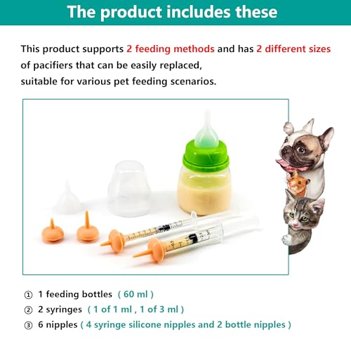 Pet Feeding Bottle and Syringe Set for Puppies and Kittens(1 Bottles,2 Syringes,6 Nipples) Green - color: Green