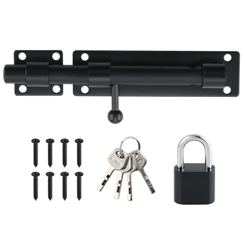 Alise 8inch Barrel Bolt Latch, Slide Bolt Latch, Heavy Duty Solid SUS304 Stainless Steel Slide Lock for Wooden Fence,Barn Door,Interior or Outdoor Door.Matte Black | SUS304 Stainless Steel Padlock-Style Slide Bolt Latch,Security Gate Latch for Wooden Fenc
