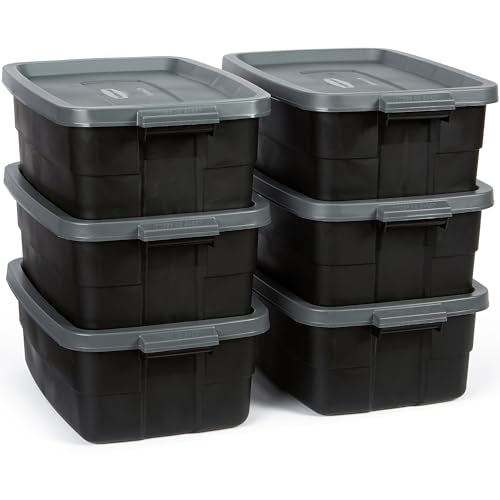 Rubbermaid 6-Pack Totes for Storage with Lids, Heavy Duty Plastic Storage Bins with Lids, Black Gray, 10 GAL - Stackable for Garage, Attic, Camping (10 GAL - 6 Pack Solid Black and Grey) - size: 10 Gal - 6 Pack