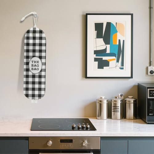 Black White Buffalo Check Plaid Plastic Bag Holder for Kitchen Essentials | Wall Mount Grocery Bag Holder for Plastic Bags, Minimalist Reusable Grocery Bags Storage Dispenser for Home Kitchen - color: Checkered pattern