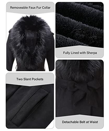 Bellivera Women's Faux Suede Leather Fleece Lined Trench Coat | Mid-length Winter Trendy Jacket Belted Sim Fit Outerwear with Detachable Faux Fur Collar - color: Black, size: XX-Large