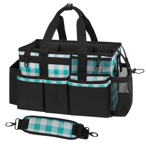 SCAVATA Wearable Cleaning Caddy, Cleaning Caddy Supplies Organizer with Handle & Shoulder Straps for Housekeepers, Under Sink & Car Cleaning Tool Organizers Bag with 4 Foldable Divider (BluePlaid) - color: BluePlaid