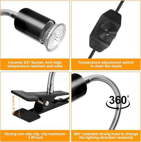 Reptile Heat Lamp UVA/UVB Light with Stepless Dimming, 360 Rotatable Gooseneck Clip-On Heating Lamp for Turtle Tank Bearded Dragon Snake Lizard Tortoise Hermit Crab Includes 25W and 50W Bulbs (Small) - size: Small