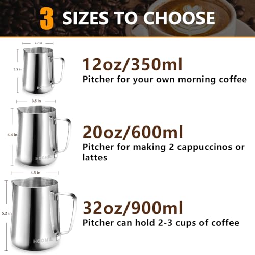 HOOMIL Milk Frothing Pitcher, 12oz/20oz/32oz 304 Stainless Steel | Steaming Pitcher with Clear Scale, Barista Milk Frother Cup Jug for Espresso Machine Coffee Cappuccino Latte Art - 20oz - color: Silver, size: 20 Ounces