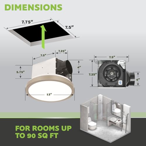 Homewerks 90 CFM Bathroom Exhaust Fan with LED, Brushed Nickel Trim | 1.5 Sones, for Rooms Up to 90 sq ft, Magnetic Trim, Galvanized Steel, EasyAnchor Install, Bathroom Vent Fan with Light - color: 90 CFM Brushed Nickel Round
