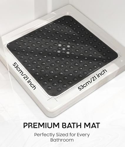 ADOV Square Shower Mat Non Slip, 21 x 21 in Bathtub Mat with 164 Strong Suction Cups, Drain Holes, Machine Washable, Soft Anti-Slip Bathroom Mat for Inside Shower, Tub and Shower Stall - Black - color: Black