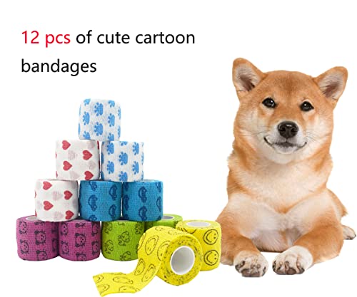 Stmandy Vet Tape wrap, wrap Bandage 2 inch 12 Rolls,Adhesive wrap Bandage for The Person or The Pets (cat,Dogs,Horse and Other Animal) who was injure or Have Wounds (Cartoon 12pcs) - size: 12rolls*2 Inch