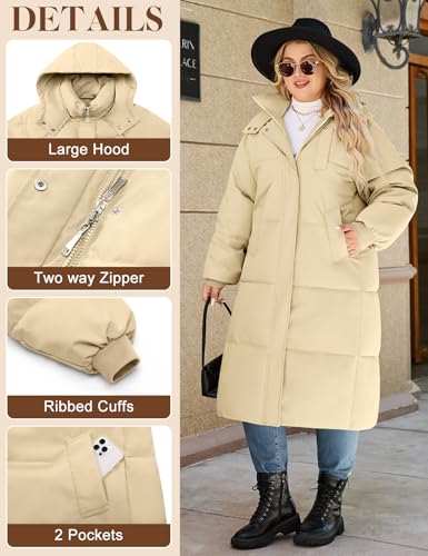 HEEKPEK Womens Plus Size Winter Coats Long Puffer Jackets Hooded Quilted Water Repellent Warm Trendy Parka Outerwear 2025 - color: Khaki, size: X-Large Plus