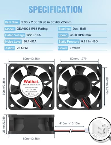 Wathai IP68 60mm x 25mm DC 12V Waterproof Cooling Fan 12 Volt Dual Ball | High Speed DIY for Amplifier, RV Refrigerator, PSU, Electronic Components Equipment Ventilation - style: IP68 60mm