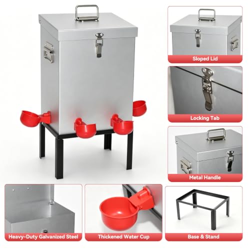 3 Gal Galvanized Steel Poultry Waterer, Automatic Poultry Waterer | Chicken Waterer with 4 Water Cups, Reinforced Base & Secure Latch, Heavy Duty Watering System for Backyard Chickens Ducks