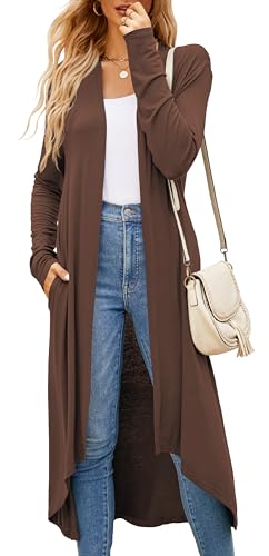 Newchoice Womens Long Cardigan Lightweight Long Sleeve Cardigan Duster | Casual Flowy Draped Classic High Low Hem Open Front Cardigan Sweater with Pockets Summer Fall Fashion Outfits - color: Brown, size: X-Large