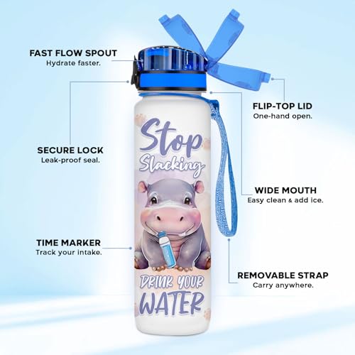 Cute Hippo Hydration Water Bottle 32oz, Stop Slacking Drink Your Water Motivational Bottle, Funny Hippopotamus Animal Gift for Women, Hippo Lover Gifts - color: Hippo