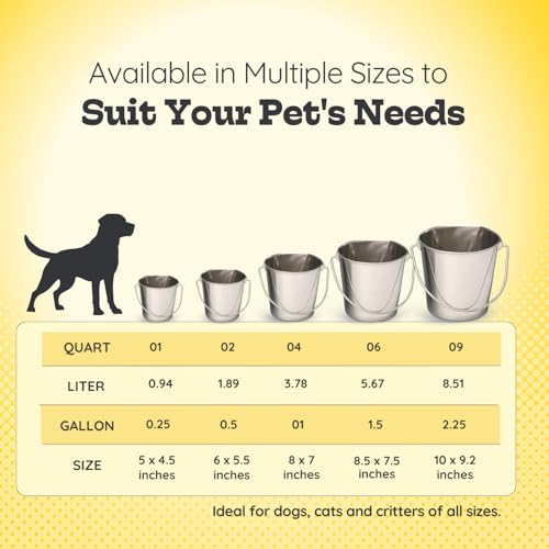 4 quart Stainless Steel Flat Side Bucket | 1 gal Durable Heavy Duty Food & Water Feeding Pails for Birds Dogs Cats Goat | Fits kennels Cages Critter Crates Hanging Pet Pail | Multipurpose - size: 4 Quarts