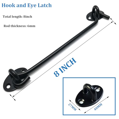 2 Pack 8" Hook and Eye Latch Black for Gate, Shed, Garage | 6mm Thick Stainless Steel, Rust-Resistant Black Coating, Stay Latched in Wind, Secure Privacy Latch, For Windows Barn Doors - size: 8 Inch