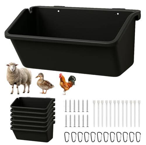 6-Pack 5 Qt Hanging Goat Feeders and Mineral Troughs for Fences | Thick plastic with mounting clips, zip ties and screws; for grain, grit and minerals; suitable for sheep, ducks and chickens - color: 6 Pack