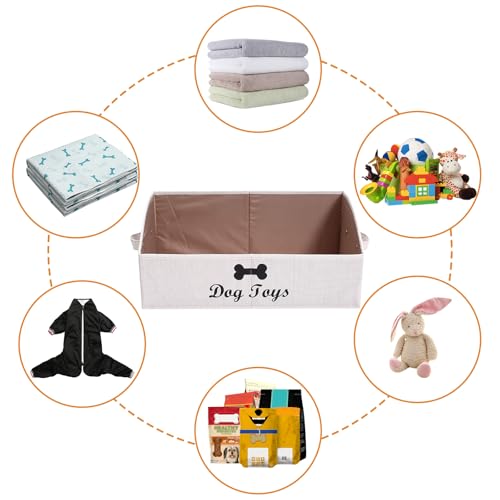 2 Pack Large dog toy bin dog toy box storage box - Foldable Fabric Trapezoid Organizer Boxes with Handle for Dog Toys (Beige-DOG) - color: Beige(2 Pack), size: Large - Dog Toys