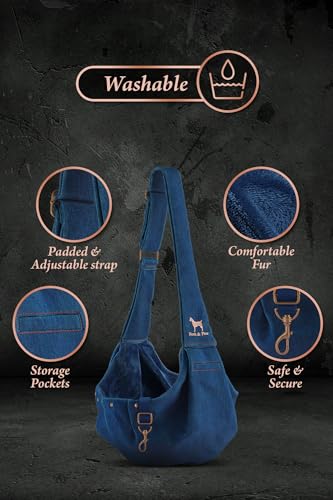 Noah & Paw Dog Sling Carrier for Small Dogs 5-18lb, Dog Sling for Small Dogs and Cats, Dog Carrier with Adjustable Padded Strap, Premium Denim, Lined with Fur, Double Safety Feature, Machine Washable - color: Light Blue, size: 18.0"L x 10.0"W x 6.5"H