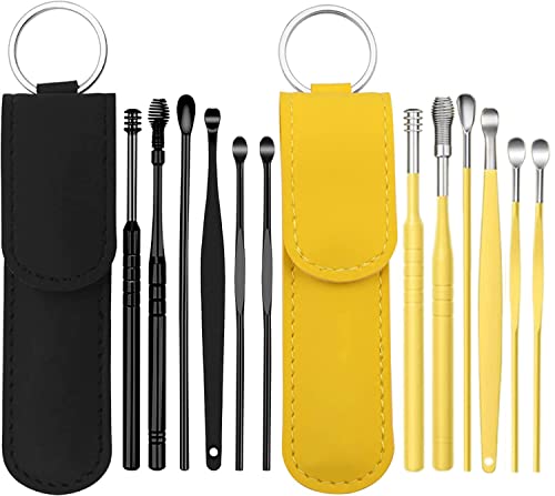 12 Pcs Ear Pick Earwax Removal Kit, Ear Cleaning Tool, Stainless Steel Earwax Removal Tool with Leather Storage Box (Black&Yellow) - color: Black and Yellow