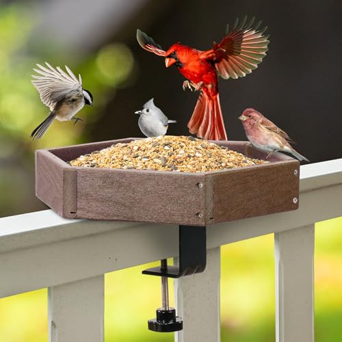 Kingsyard Clamp-On Deck Bird Feeder for Balcony Railings, No Drill | Recycled Poly Lumber, Weather Resistant, Mesh Tray for Airflow & Drainage, Fits Railings up to 2.2 in - color: Brown