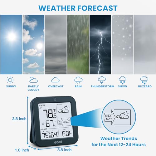 Indoor Outdoor Thermometer Wireless Weather Station Hygrometer Black | Weather Forecast with Trend 500ft Range Remote Sensor Backlight Display Battery Operated Max Min Record Dew Point Pressure - color: Black