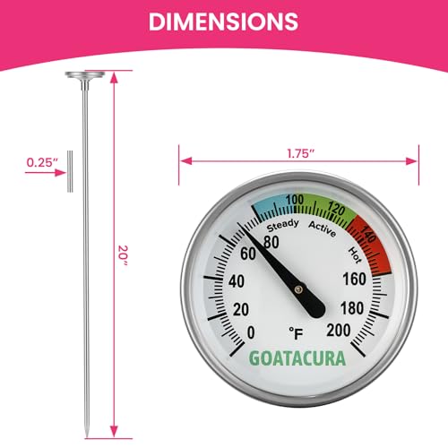 Compost Soil Thermometer, 304 Stainless Steel Case and Probe,1.75" Dial Size, 20" Stem Length, 0-200 Deg F, 3 Temperature Zones - size: L=20"