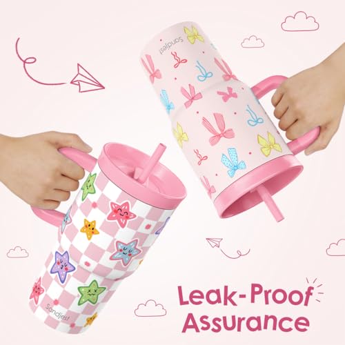 SANDJEST Checker and Star Stainless Steel Tumbler 20oz with Handle and Silicone Straw Locking Lid for Kids Girls, Birthday Christmas Back to School - color: Checker 1