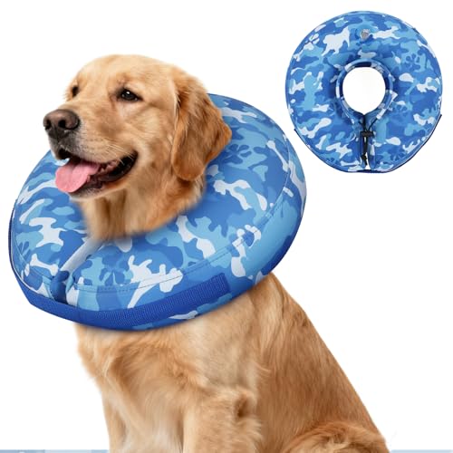 IEUUMLER Inflatable Recovery Dog Cone Collar, Neck Donut Protective ECollar, Adjustable Soft Collar for Dog and Cat After Surgery Prevent from Biting & Licking EU020 Blue Camo XL - color: Blue Camo, size: X-Large (Neck:20''-23'')