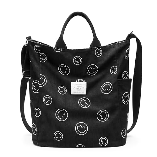 KALIDI Corduroy Tote Bag, Large Slouchy Hobo Messenger Crossbody Bag | Anti Splash Zipper Side Pockets Shoulder Bag Adjustable Strap Lightweight Casual Work Shopping Women - color: Black Happy