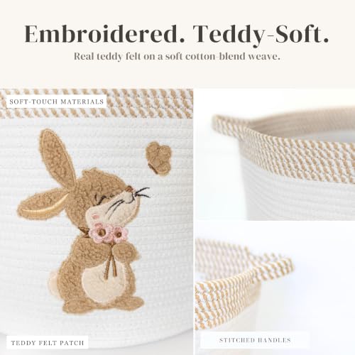 Bunny Baby Storage Basket, Woven Cotton Rope Nursery Bin, 15x11 in | Stuffed Animal and Blanket Storage, Embroidered Bunny Patch, Neutral Nursery Decor, Baby Shower, Playroom Organizer - color: Bunny