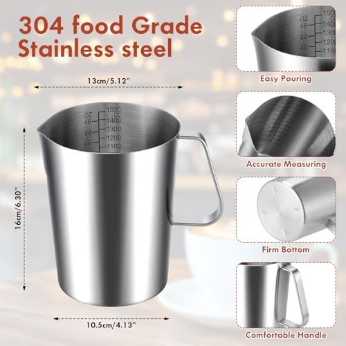Copkim 4 Pcs Stainless Steel Measuring Cup with Handle and Pour Lip 50.7 oz/1500 ml 304 Steel Milk Frothing Jug 6 Cup Metal Pitcher for Coffee Shop Bakery Commercial Home Latte Art Baking Frothing - size: 50.7 Oz, 1500 Ml, 6.25 Cup