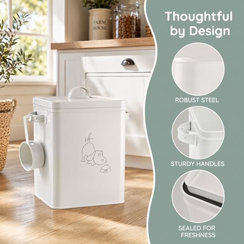SOUJOY Pet Treat and Food Storage Bin with Lid and Scoop, 5LBS White Vintage Farmhouse Storage Tin, Coated Carbon Steel Canister, Gift for Dogs Owners